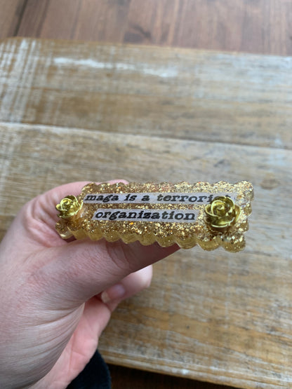 MAGA Is A Terrorist Organization Gold Glitter Pin Brooch Resin Anti Trump Protest Statement Pin