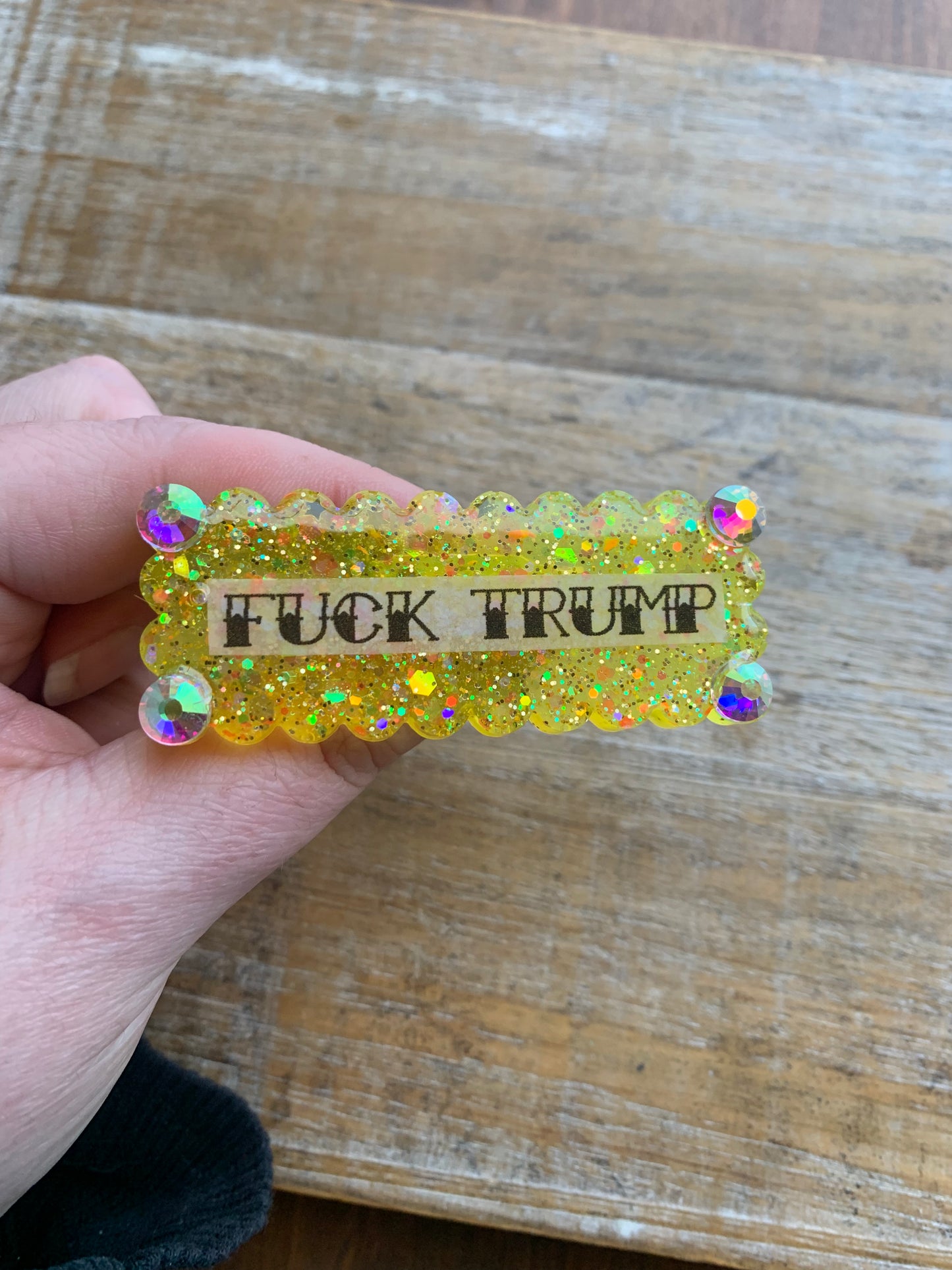 Fuck Trump Yellow Glitter Pin Brooch Resin Anti Trump Fuck MAGA Protest Statement Pin