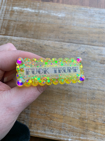 Fuck Trump Yellow Glitter Pin Brooch Resin Anti Trump Fuck MAGA Protest Statement Pin