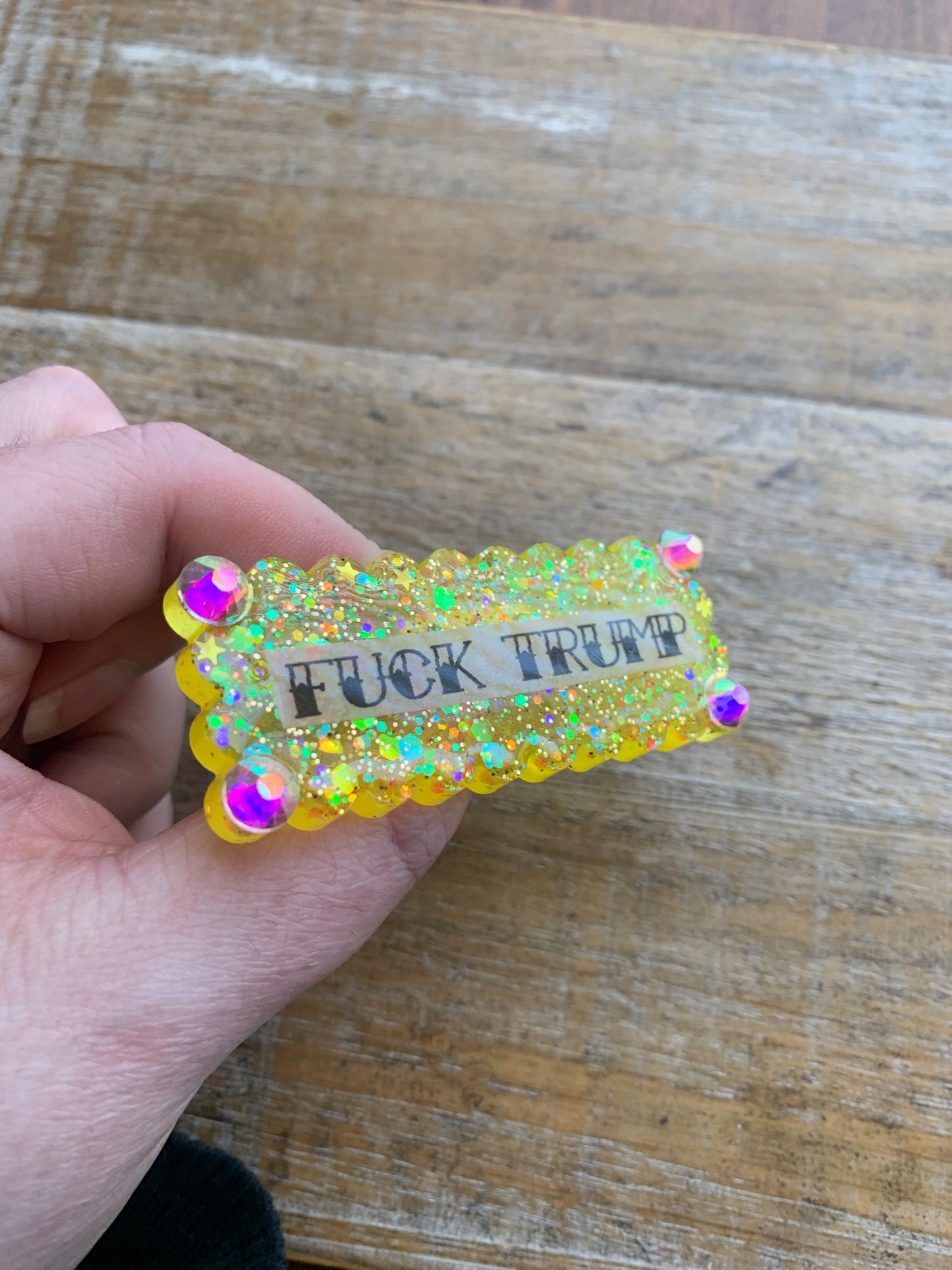 Fuck Trump Yellow Glitter Pin Brooch Resin Anti Trump Fuck MAGA Protest Statement Pin
