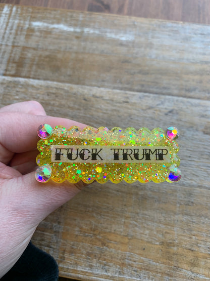 Fuck Trump Yellow Glitter Pin Brooch Resin Anti Trump Fuck MAGA Protest Statement Pin