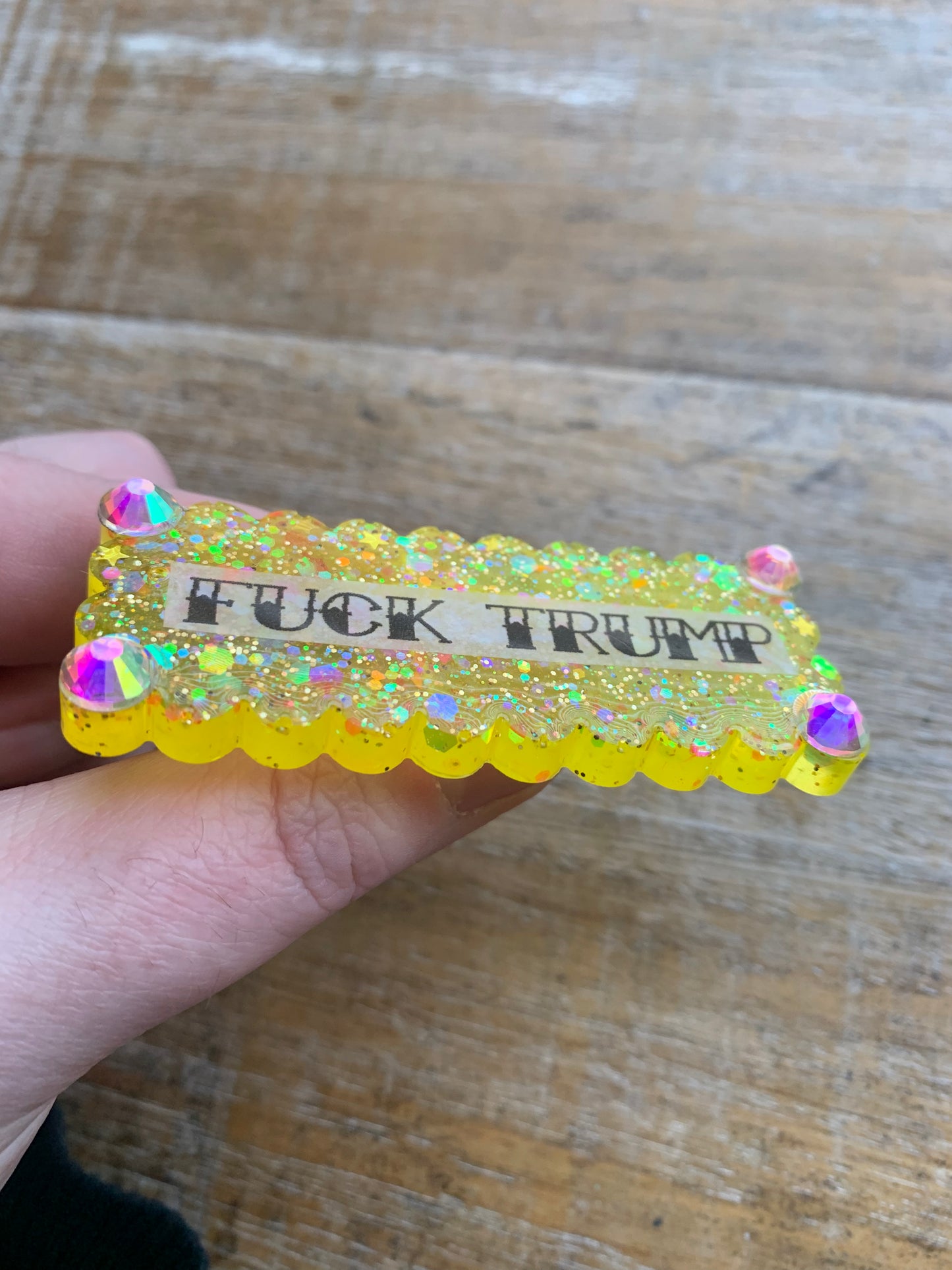 Fuck Trump Yellow Glitter Pin Brooch Resin Anti Trump Fuck MAGA Protest Statement Pin