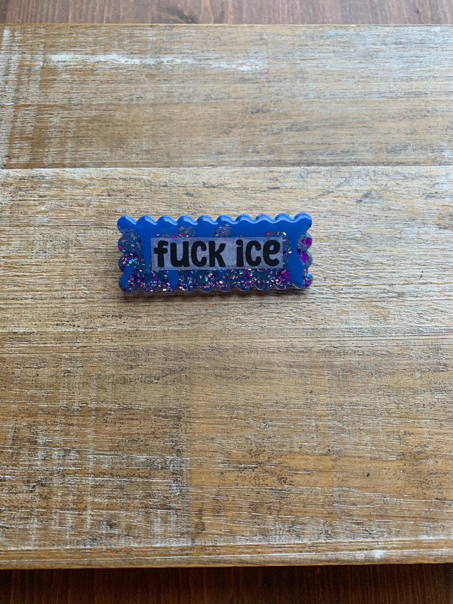Fuck Ice Blue Glitter Pin Brooch Resin Anti Ice Protest Statement Pin with Blue Painted Blood
