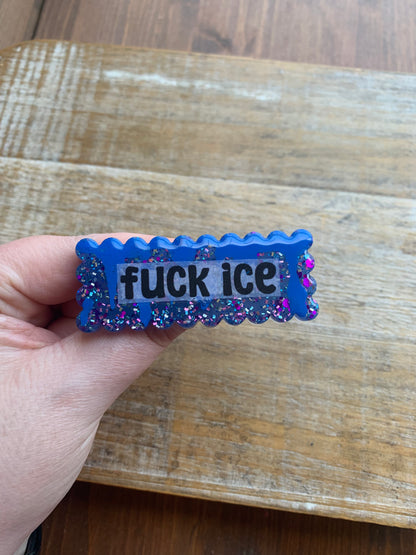 Fuck Ice Blue Glitter Pin Brooch Resin Anti Ice Protest Statement Pin with Blue Painted Blood