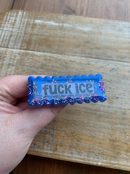 Fuck Ice Blue Glitter Pin Brooch Resin Anti Ice Protest Statement Pin with Blue Painted Blood