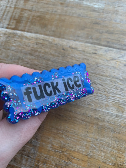 Fuck Ice Blue Glitter Pin Brooch Resin Anti Ice Protest Statement Pin with Blue Painted Blood