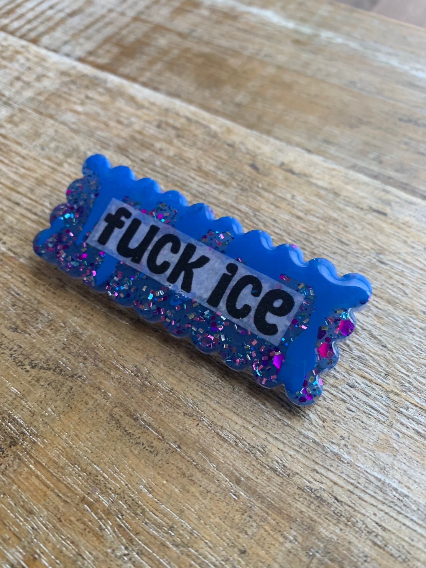 Fuck Ice Blue Glitter Pin Brooch Resin Anti Ice Protest Statement Pin with Blue Painted Blood