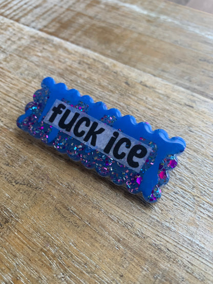 Fuck Ice Blue Glitter Pin Brooch Resin Anti Ice Protest Statement Pin with Blue Painted Blood