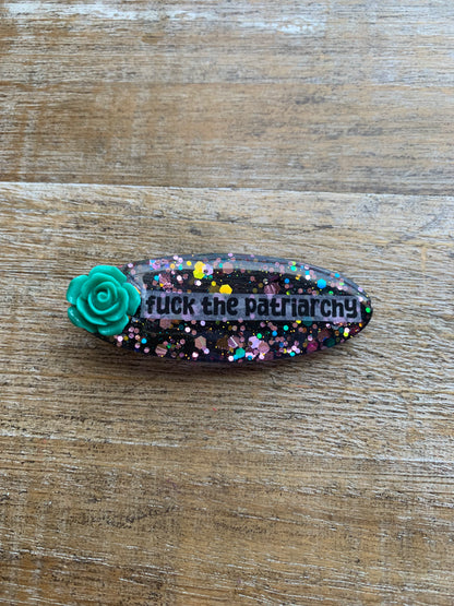 Fuck The Patriarchy Pink & Teal Mixed Colors Rose Liberal Feminist Protest Hair Clip