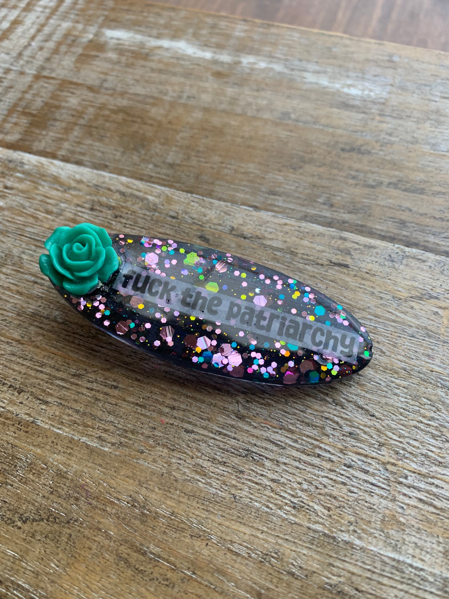 Fuck The Patriarchy Pink & Teal Mixed Colors Rose Liberal Feminist Protest Hair Clip
