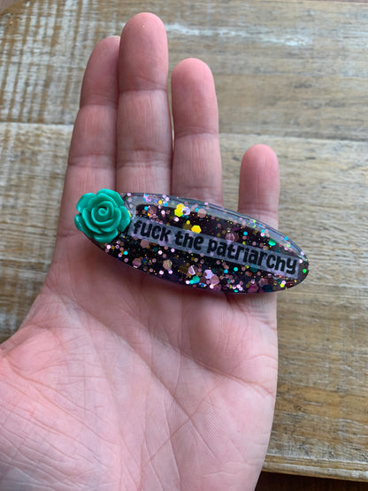 Fuck The Patriarchy Pink & Teal Mixed Colors Rose Liberal Feminist Protest Hair Clip