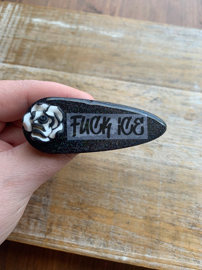 Fuck Ice Black Glitter Pin Brooch Resin Anti Ice Protest Statement Pin with Clay Rose
