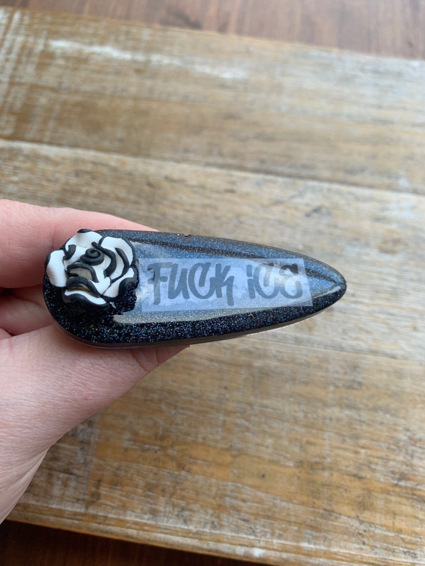Fuck Ice Black Glitter Pin Brooch Resin Anti Ice Protest Statement Pin with Clay Rose