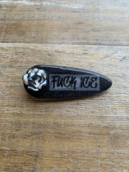 Fuck Ice Black Glitter Pin Brooch Resin Anti Ice Protest Statement Pin with Clay Rose