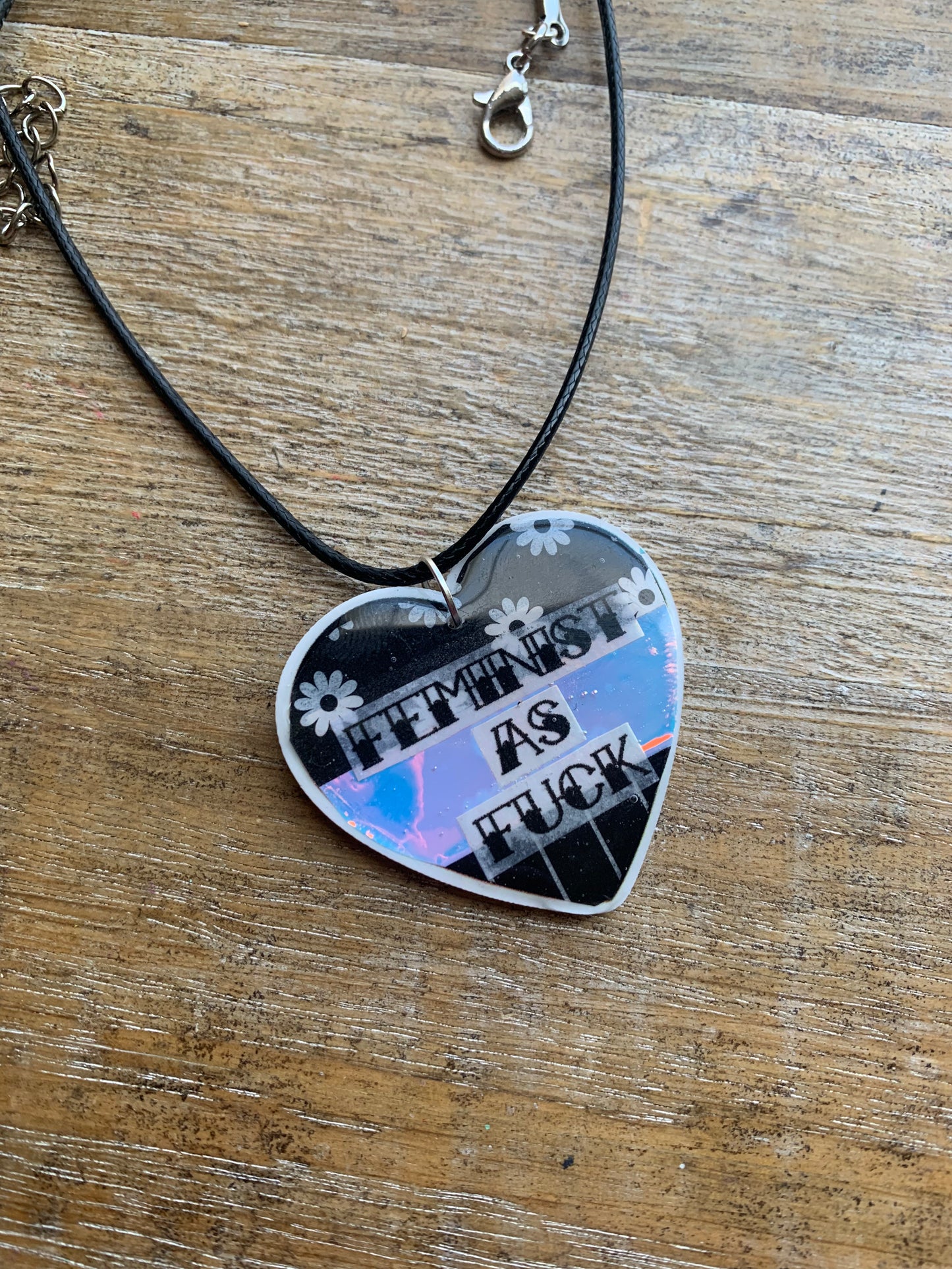 Feminist AF Heart Necklace Daisy Feminist Iridescent Corded Necklace