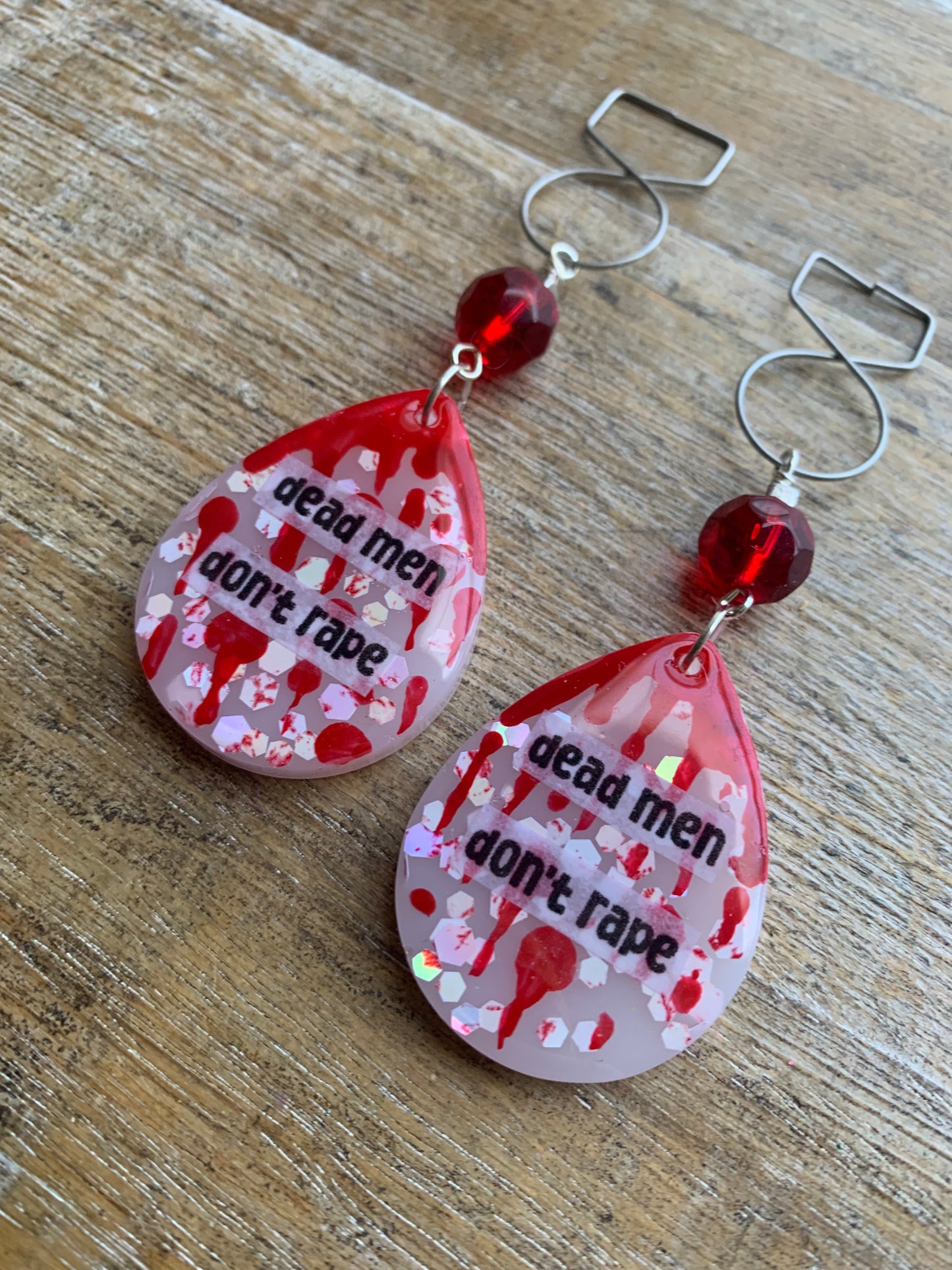 Dead Men Don’t Rape Tunnel Gauge Earrings Bloody Red Resin Clip On Earrings