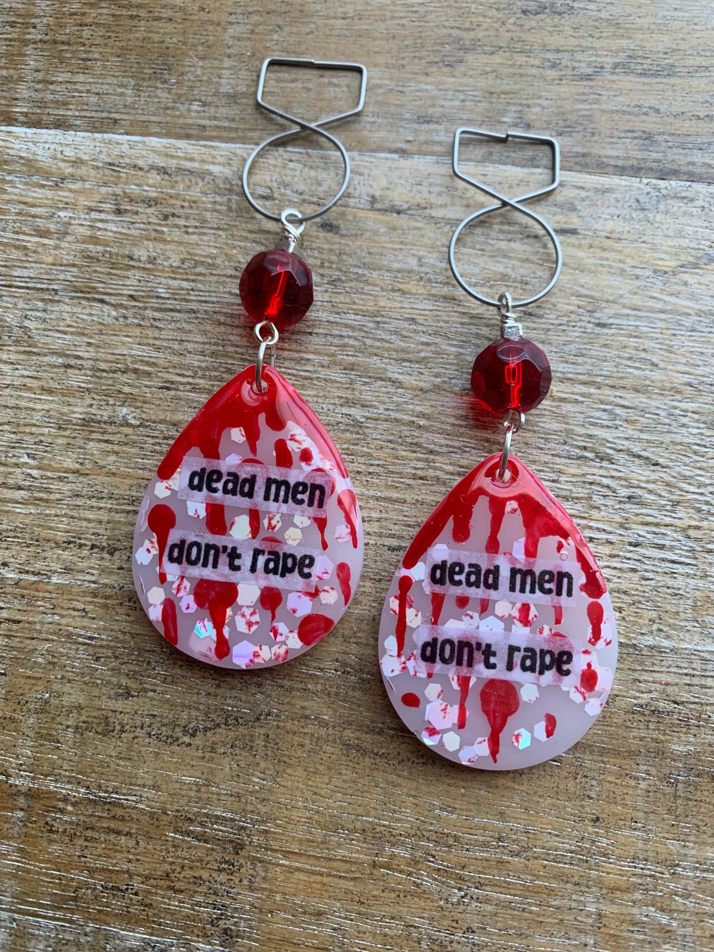 Dead Men Don’t Rape Tunnel Gauge Earrings Bloody Red Resin Clip On Earrings
