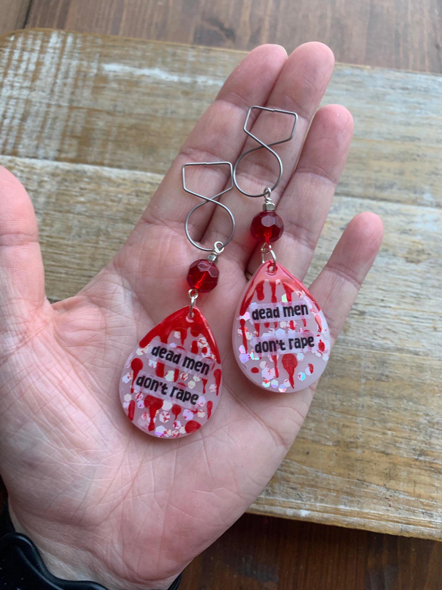 Dead Men Don’t Rape Tunnel Gauge Earrings Bloody Red Resin Clip On Earrings