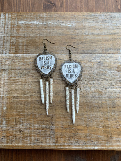 Racism Is A Virus Protest Activist Earrings Liberal Clip On Earrings Brown Anti Racism BLM Ear Hangers