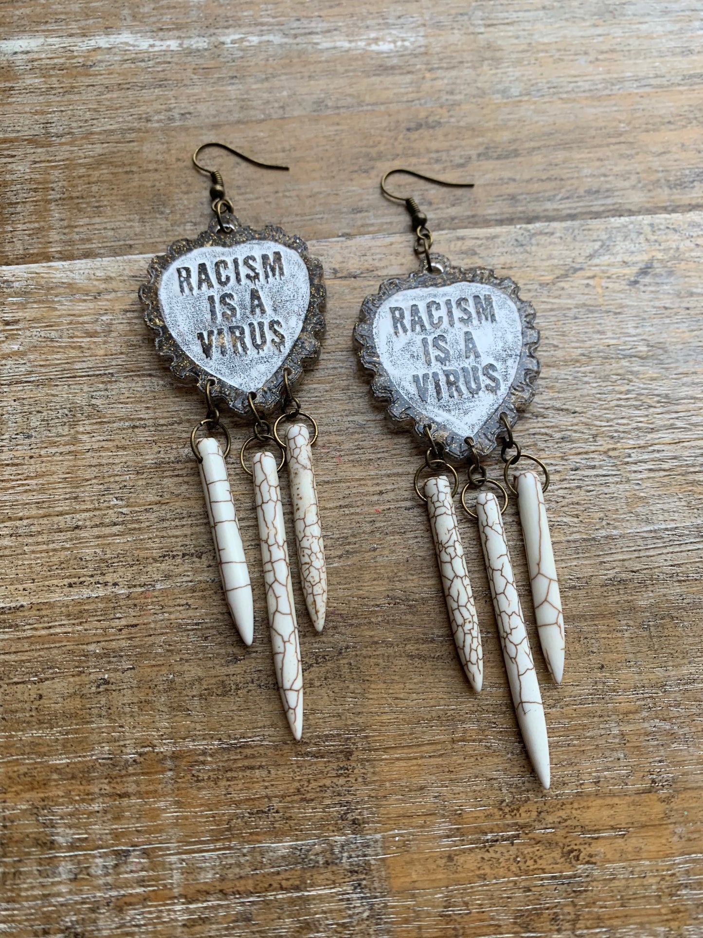 Racism Is A Virus Protest Activist Earrings Liberal Clip On Earrings Brown Anti Racism BLM Ear Hangers