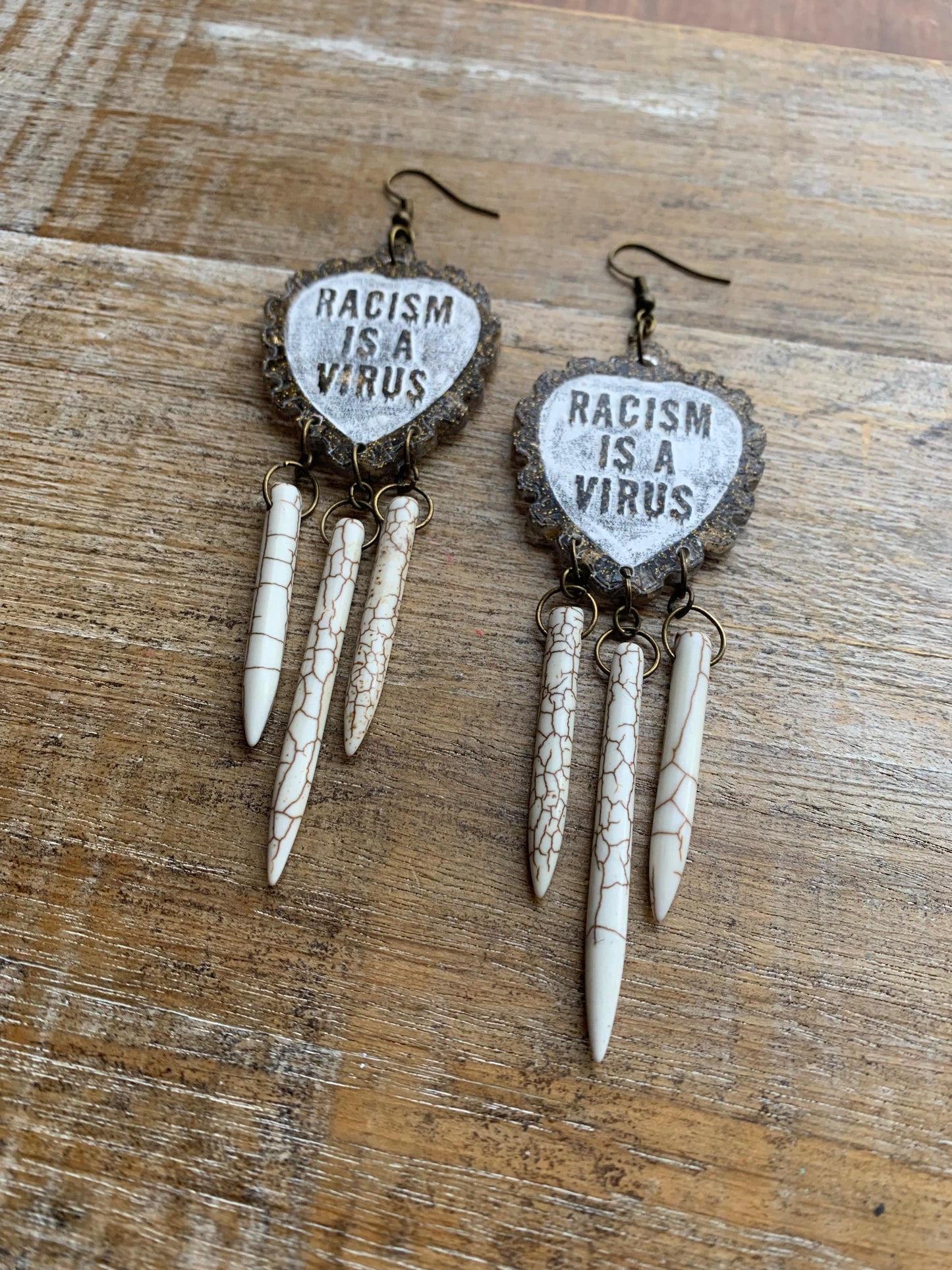 Racism Is A Virus Protest Activist Earrings Liberal Clip On Earrings Brown Anti Racism BLM Ear Hangers