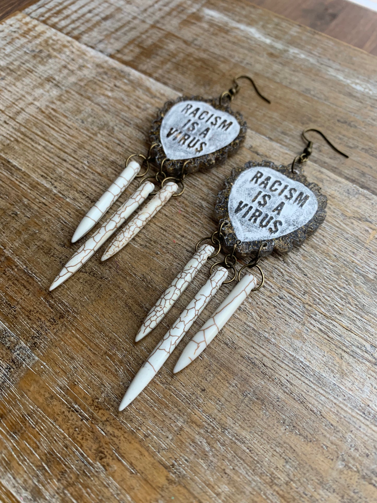 Racism Is A Virus Protest Activist Earrings Liberal Clip On Earrings Brown Anti Racism BLM Ear Hangers