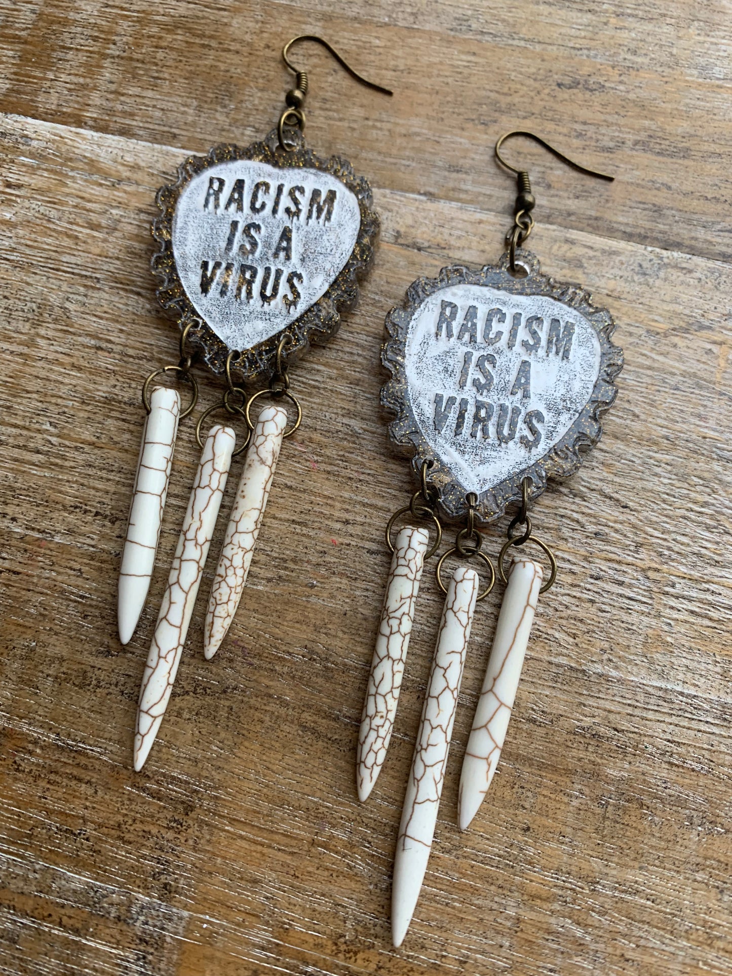 Racism Is A Virus Protest Activist Earrings Liberal Clip On Earrings Brown Anti Racism BLM Ear Hangers