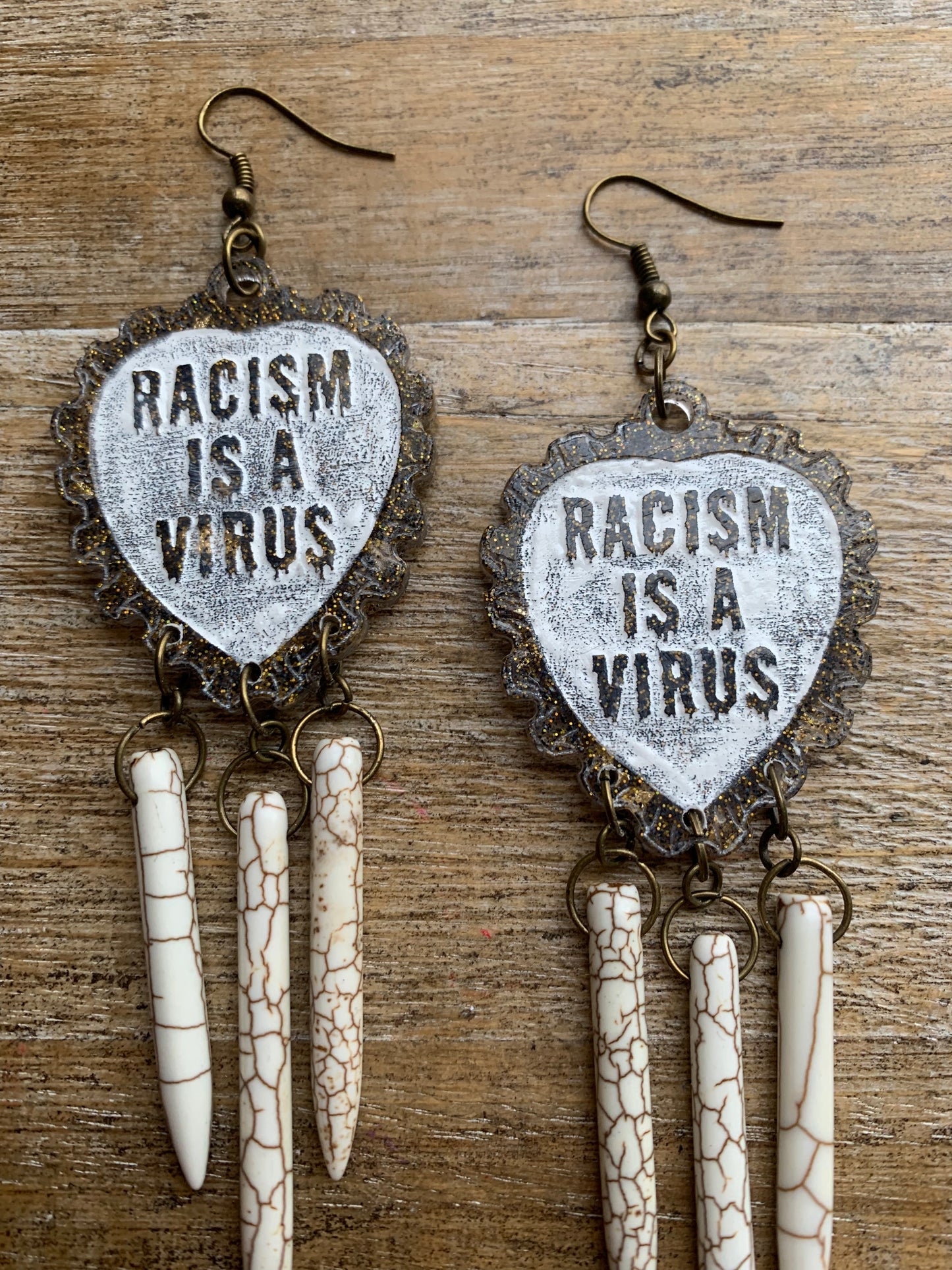 Racism Is A Virus Protest Activist Earrings Liberal Clip On Earrings Brown Anti Racism BLM Ear Hangers