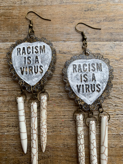 Racism Is A Virus Protest Activist Earrings Liberal Clip On Earrings Brown Anti Racism BLM Ear Hangers