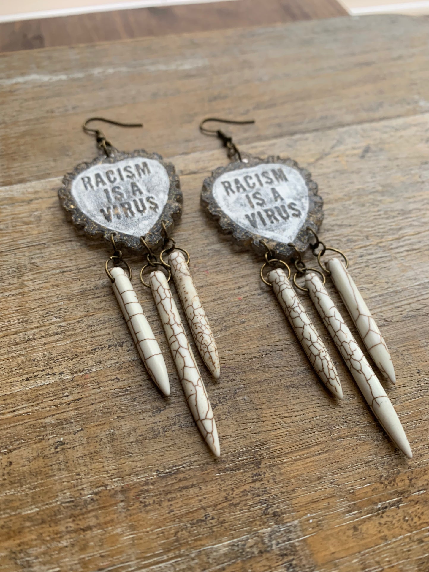 Racism Is A Virus Protest Activist Earrings Liberal Clip On Earrings Brown Anti Racism BLM Ear Hangers