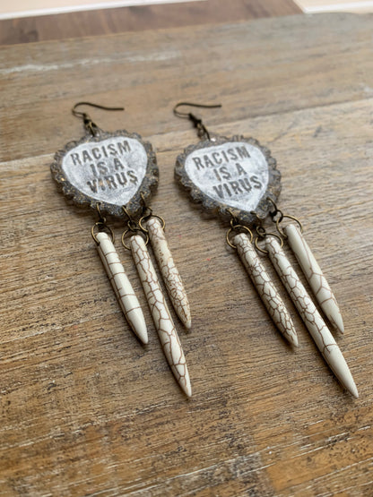 Racism Is A Virus Protest Activist Earrings Liberal Clip On Earrings Brown Anti Racism BLM Ear Hangers