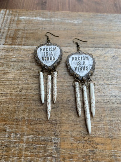 Racism Is A Virus Protest Activist Earrings Liberal Clip On Earrings Brown Anti Racism BLM Ear Hangers