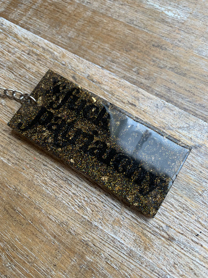 Fuck The Patriarchy Keychain Gold & Black Rectangle Keyring