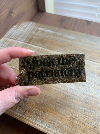 Fuck The Patriarchy Keychain Gold & Black Rectangle Keyring