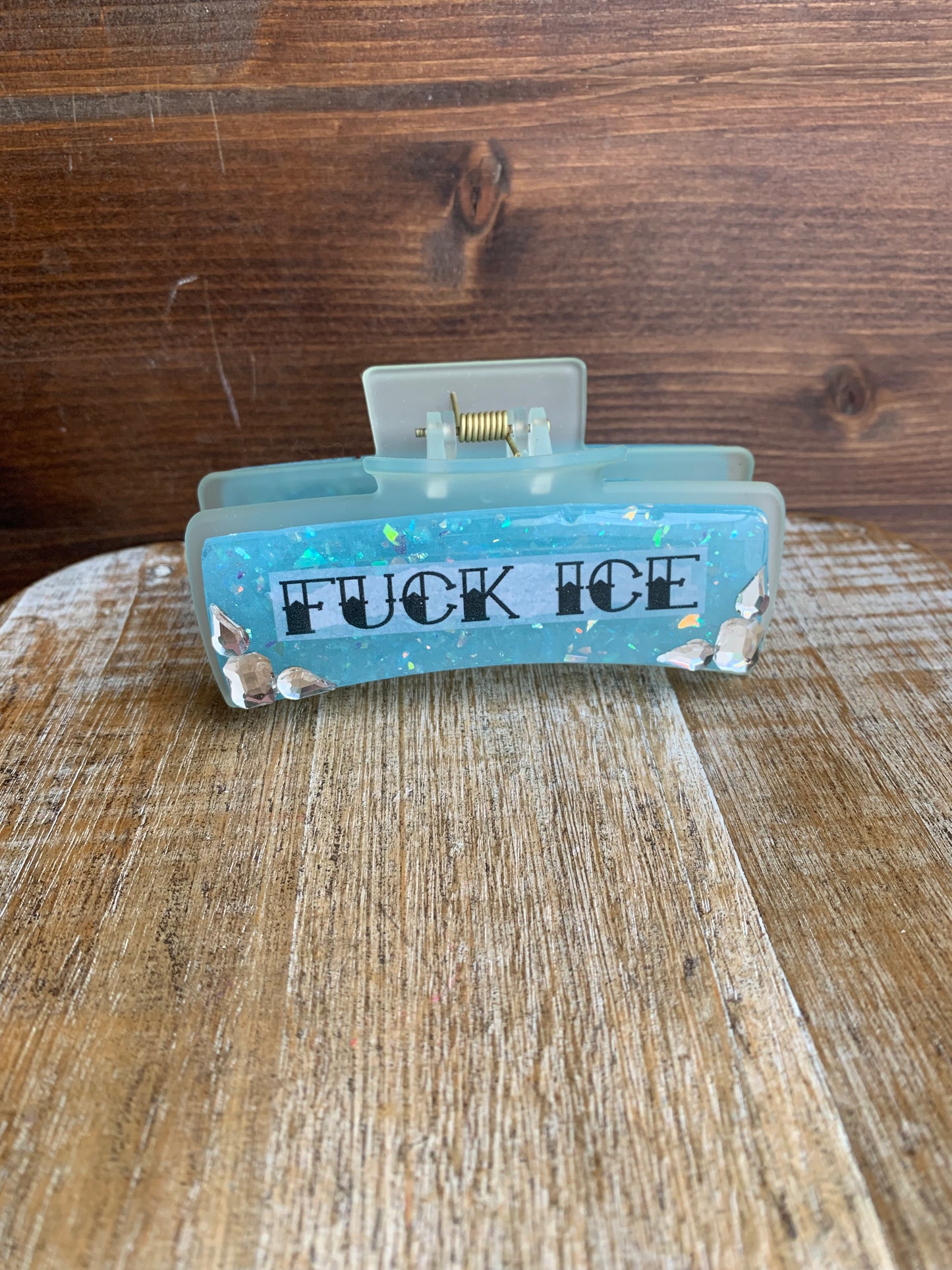 Fuck ICE Resin Large Hair Claw Rhinestone Activist Baby Blue Glitter Hair Clip Accessory