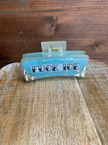 Fuck ICE Resin Large Hair Claw Rhinestone Activist Baby Blue Glitter Hair Clip Accessory