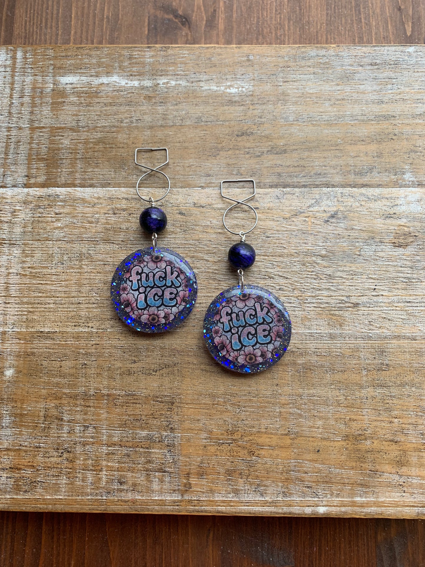 Fuck Ice Protest Activist Tunnel Gauge Earrings Liberal Clip On Earrings Punk Blue Glitter