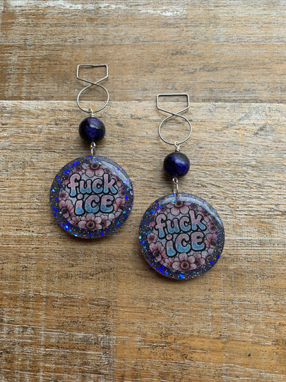 Fuck Ice Protest Activist Tunnel Gauge Earrings Liberal Clip On Earrings Punk Blue Glitter