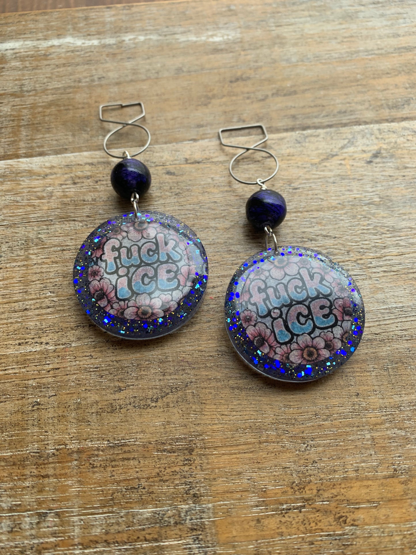 Fuck Ice Protest Activist Tunnel Gauge Earrings Liberal Clip On Earrings Punk Blue Glitter