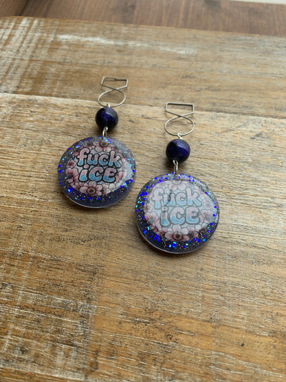 Fuck Ice Protest Activist Tunnel Gauge Earrings Liberal Clip On Earrings Punk Blue Glitter
