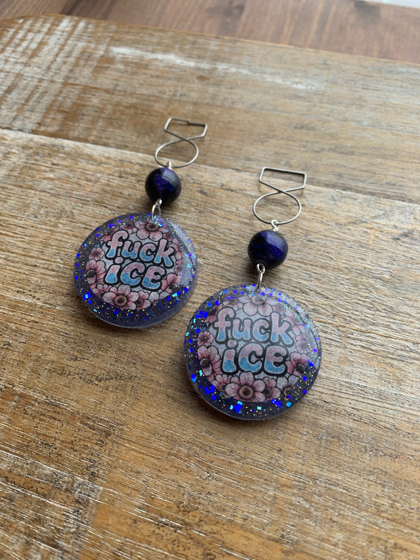Fuck Ice Protest Activist Tunnel Gauge Earrings Liberal Clip On Earrings Punk Blue Glitter