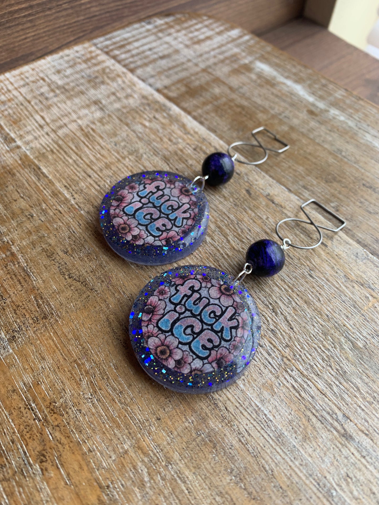 Fuck Ice Protest Activist Tunnel Gauge Earrings Liberal Clip On Earrings Punk Blue Glitter