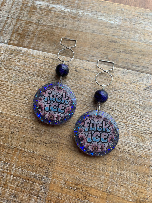 Fuck Ice Protest Activist Tunnel Gauge Earrings Liberal Clip On Earrings Punk Blue Glitter