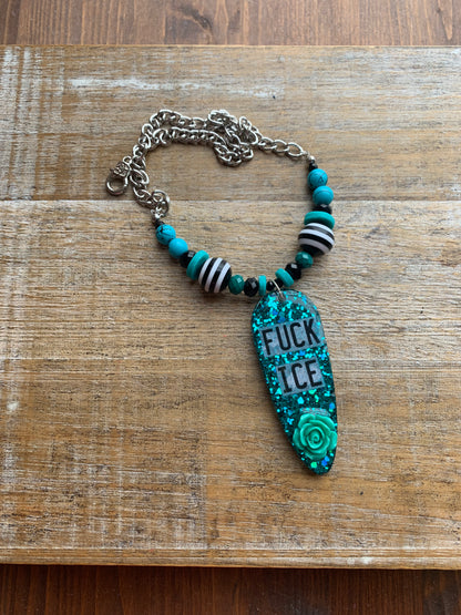 Fuck Ice Teal & Black Resin Gothic Beaded Protest Necklace
