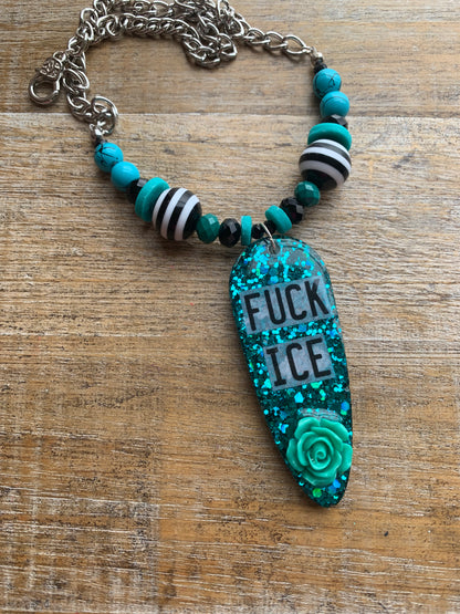 Fuck Ice Teal & Black Resin Gothic Beaded Protest Necklace