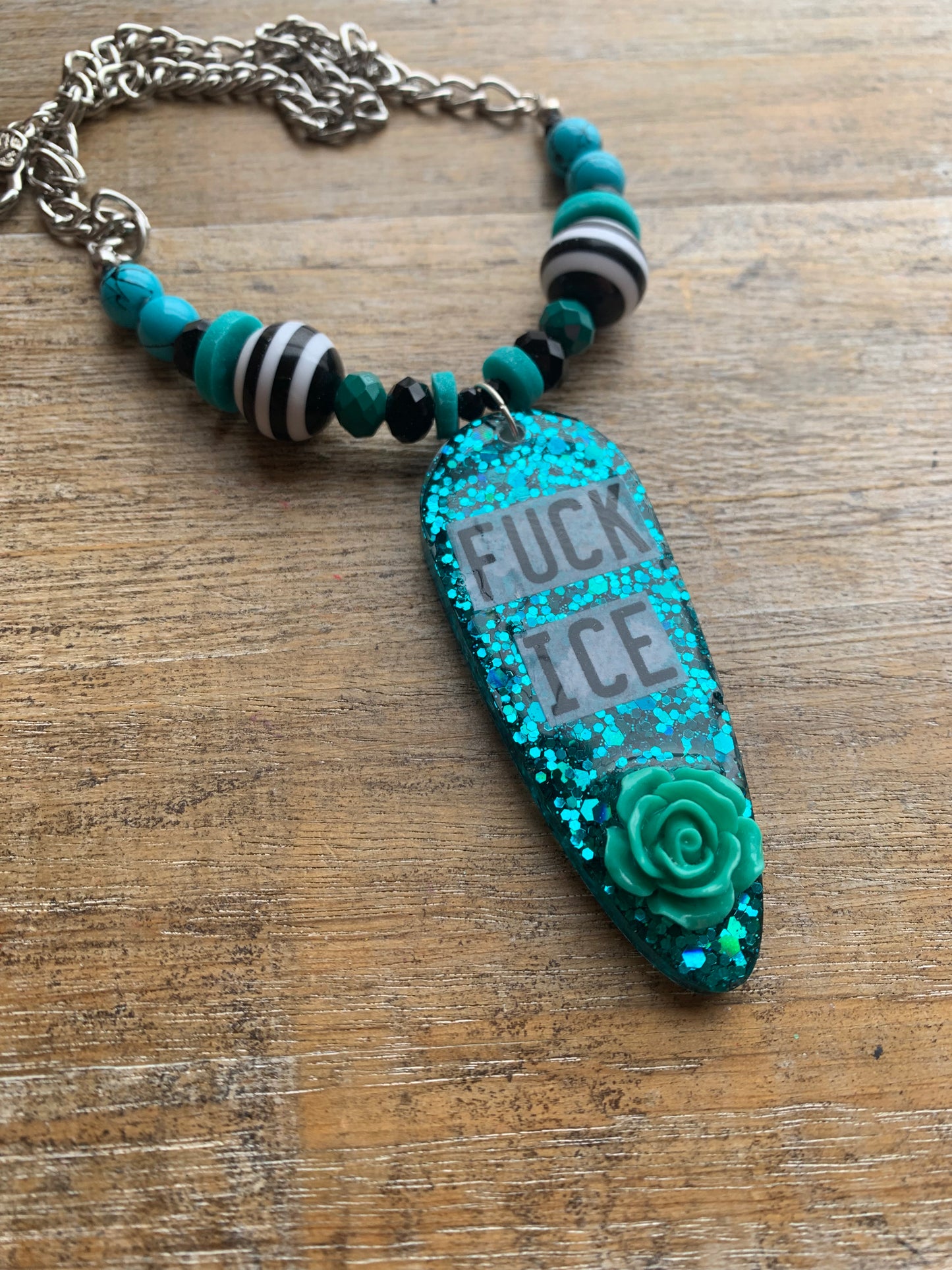 Fuck Ice Teal & Black Resin Gothic Beaded Protest Necklace