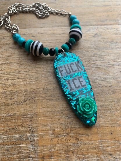 Fuck Ice Teal & Black Resin Gothic Beaded Protest Necklace