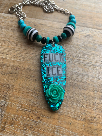 Fuck Ice Teal & Black Resin Gothic Beaded Protest Necklace