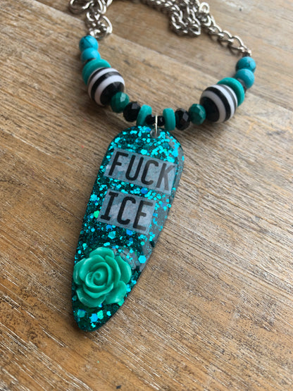 Fuck Ice Teal & Black Resin Gothic Beaded Protest Necklace