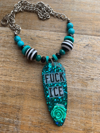 Fuck Ice Teal & Black Resin Gothic Beaded Protest Necklace